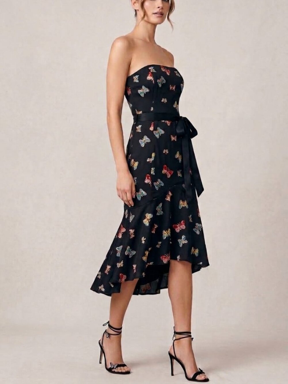 SHOSHANNA Vintage Silk Butterfly Sequin Strapless Hi-Low Dress Black, Size 6